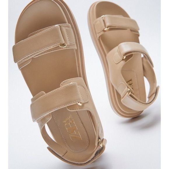 ZARA Chunky Dad Leather Sandals Nude Beige Size 39